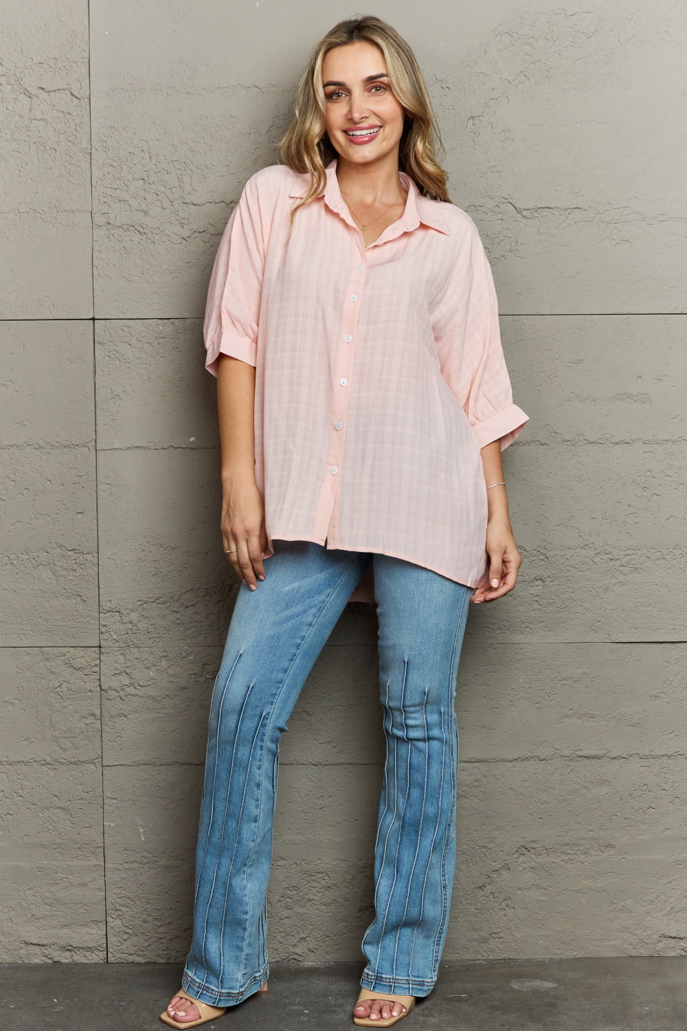 Half Sleeve Button-Up Shirt Light Pink - Global Village Kailua Boutique