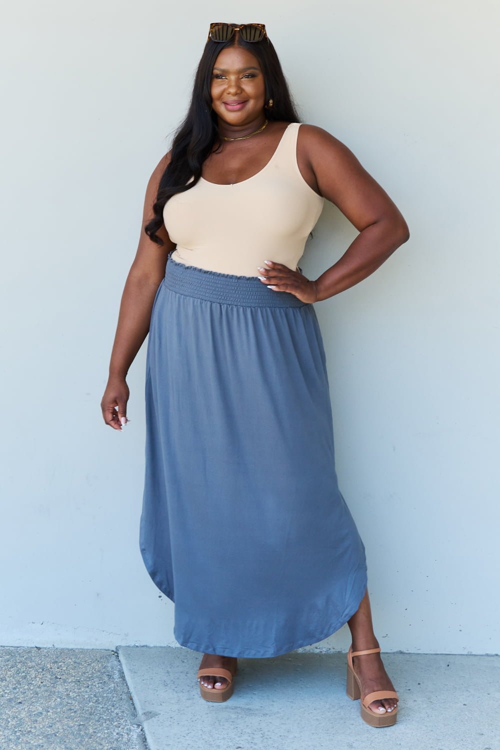 High Waist Scoop Hem Maxi Skirt in Dusty Blue - Global Village Kailua Boutique