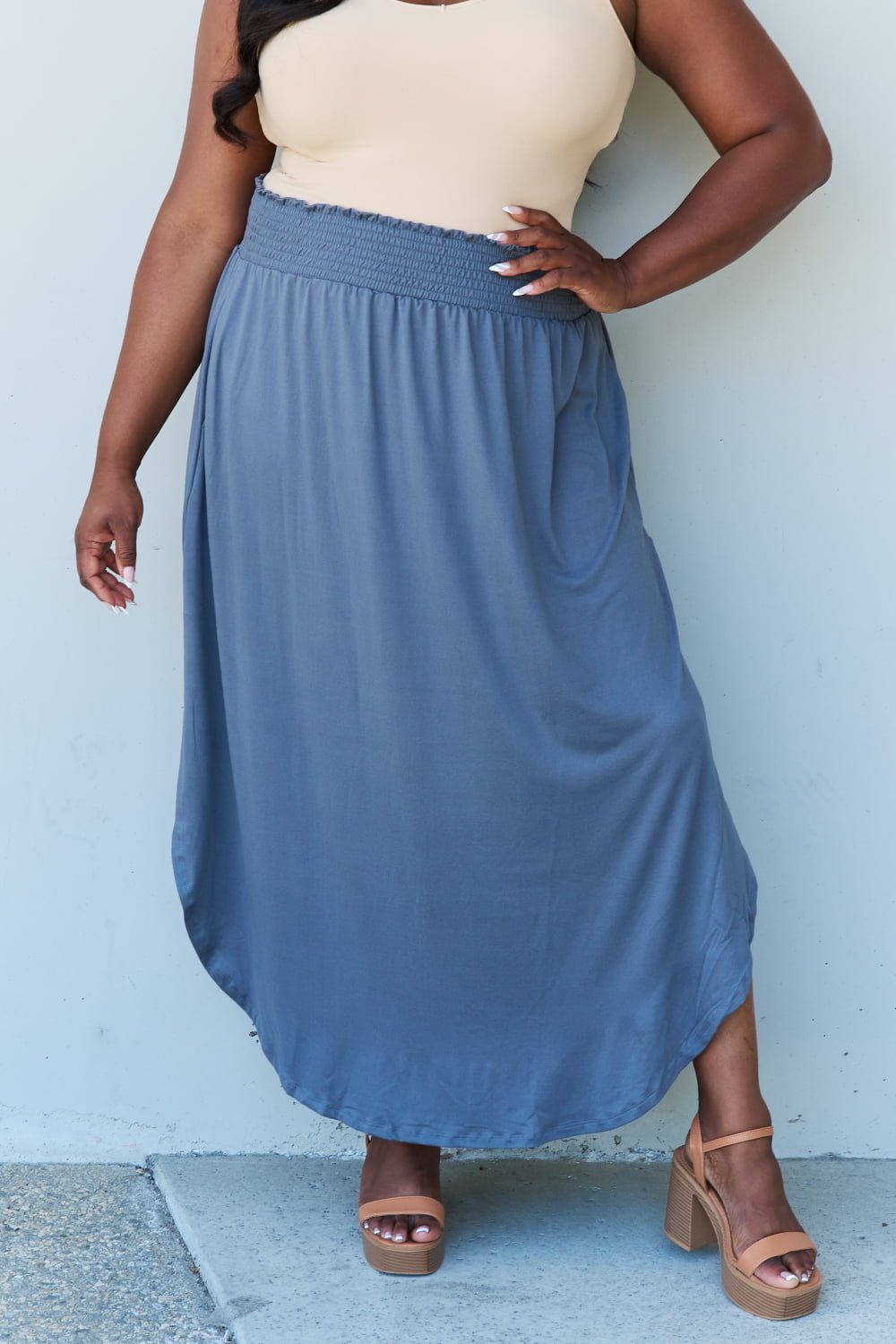 High Waist Scoop Hem Maxi Skirt in Dusty Blue - Global Village Kailua Boutique