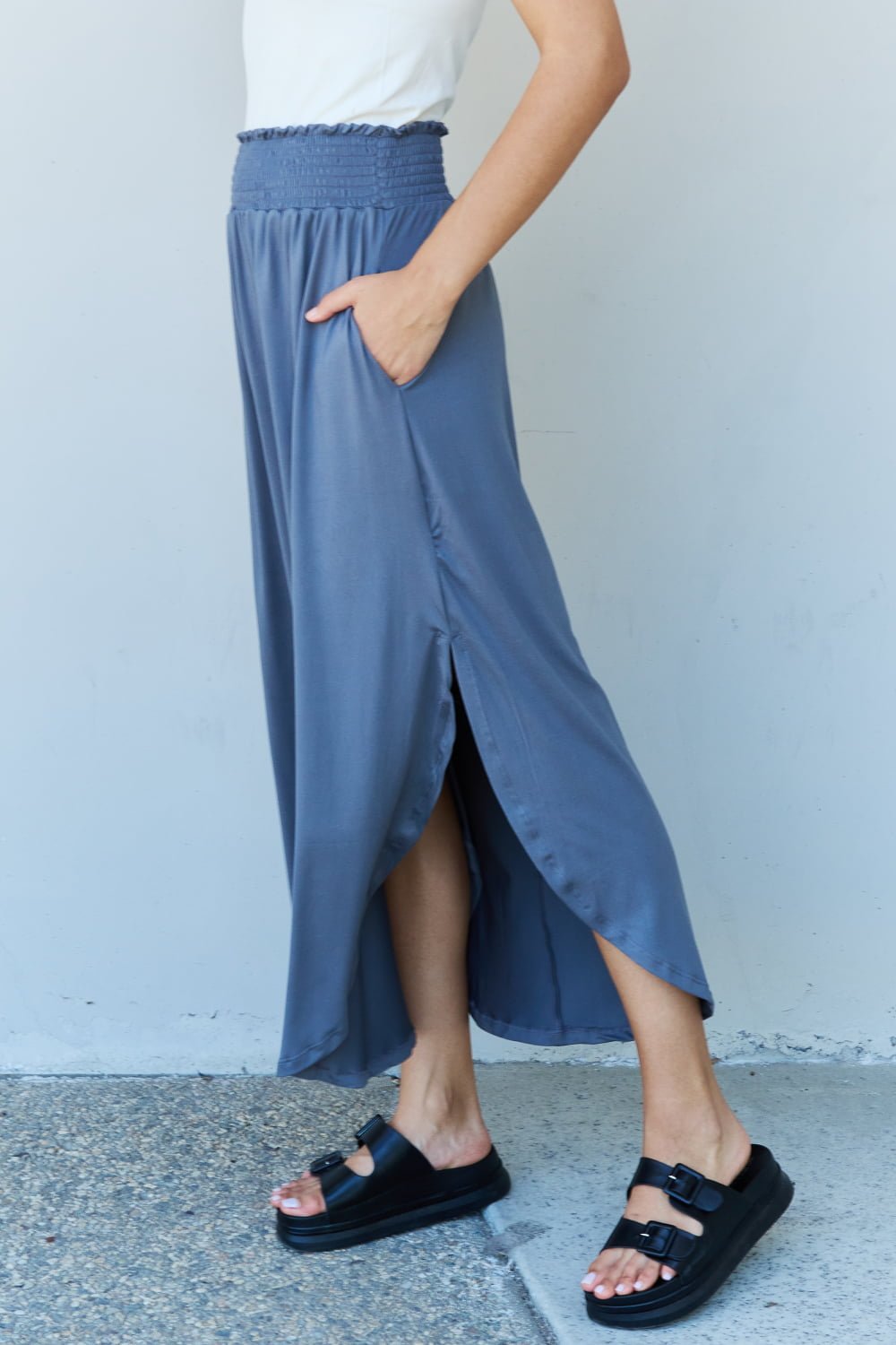 High Waist Scoop Hem Maxi Skirt in Dusty Blue - Global Village Kailua Boutique
