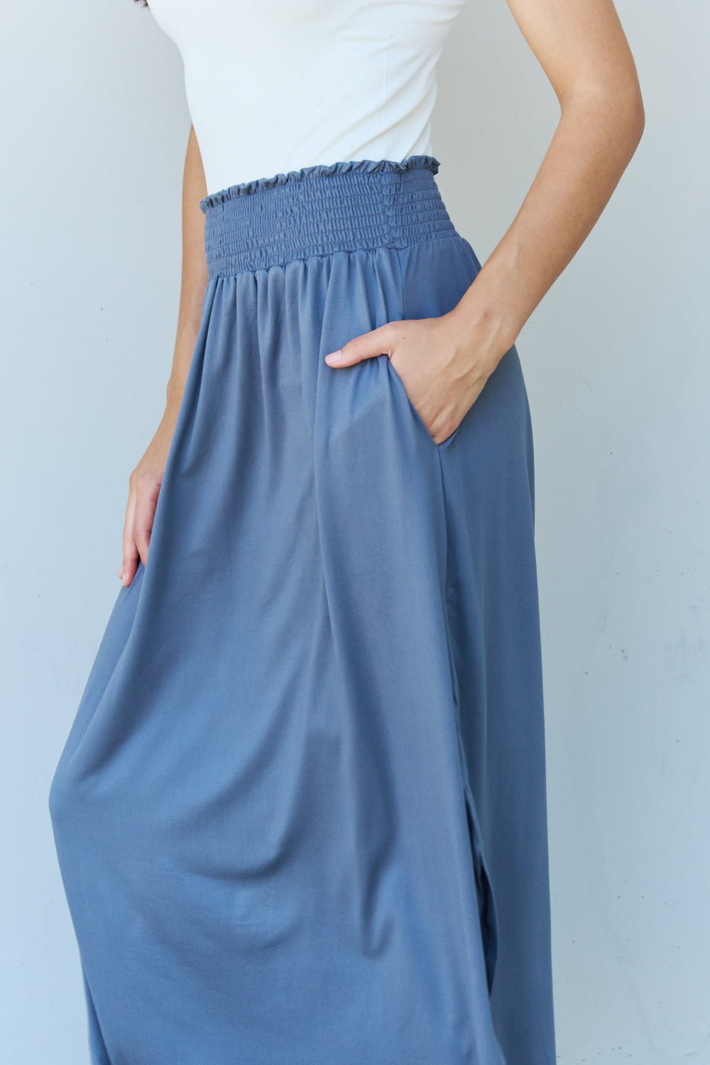 High Waist Scoop Hem Maxi Skirt in Dusty Blue - Global Village Kailua Boutique