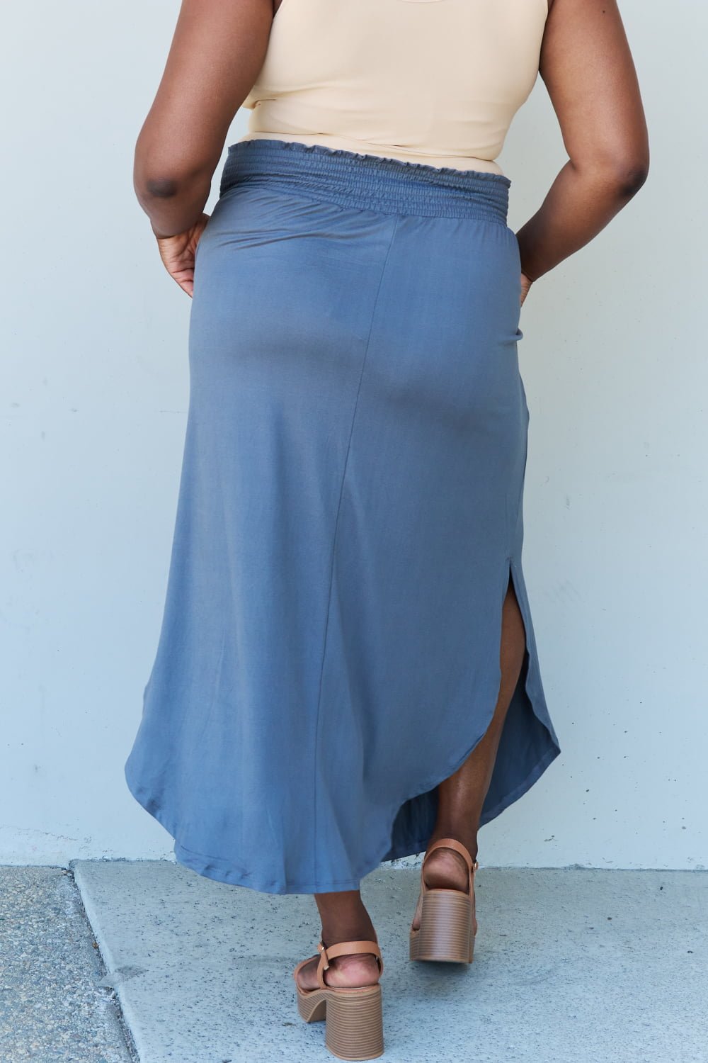 High Waist Scoop Hem Maxi Skirt in Dusty Blue - Global Village Kailua Boutique