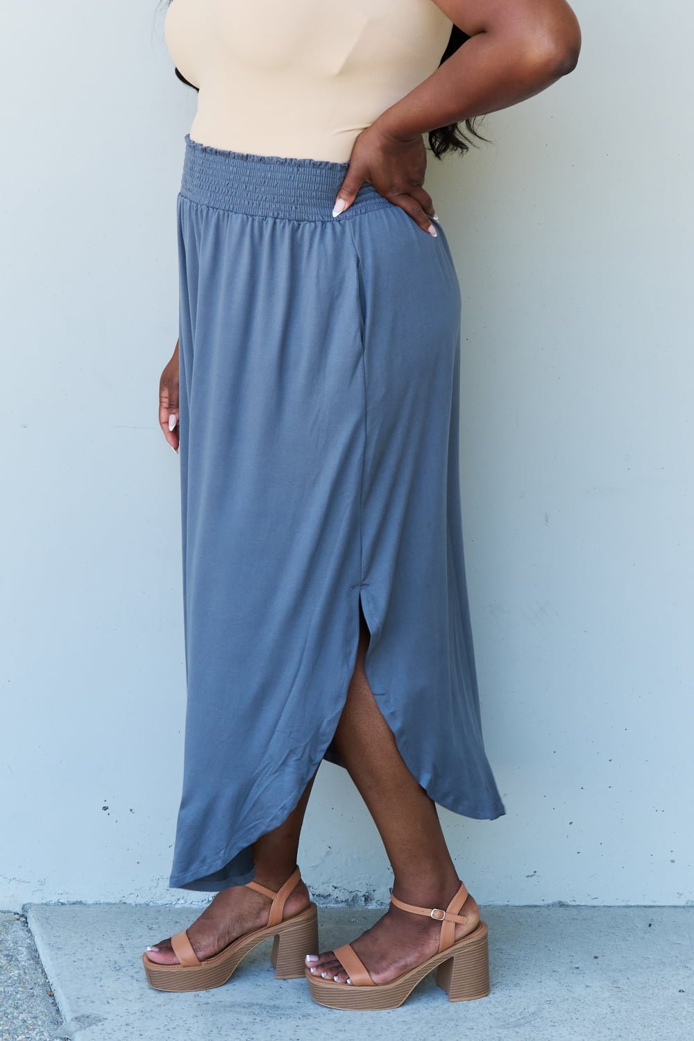 High Waist Scoop Hem Maxi Skirt in Dusty Blue - Global Village Kailua Boutique