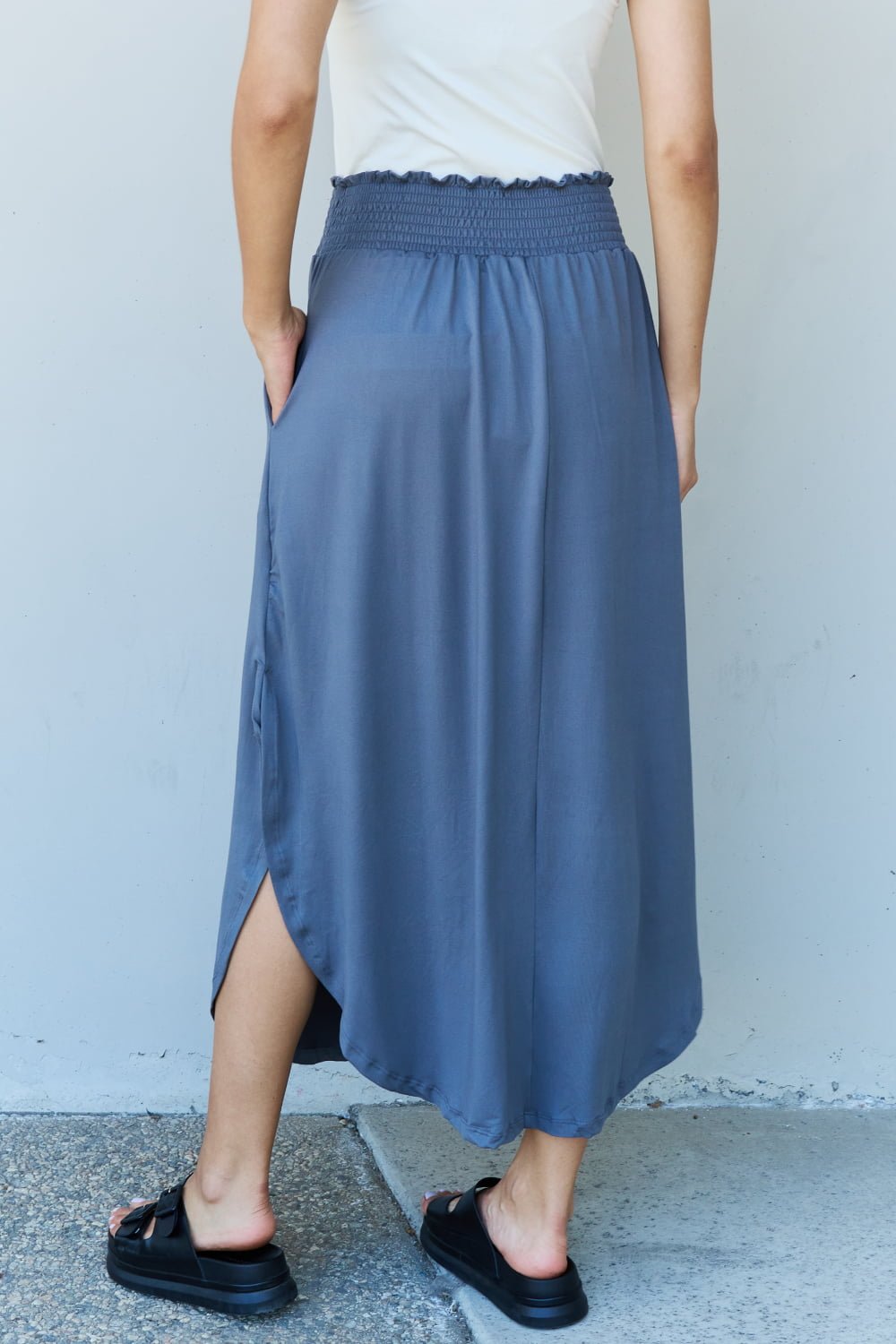High Waist Scoop Hem Maxi Skirt in Dusty Blue - Global Village Kailua Boutique