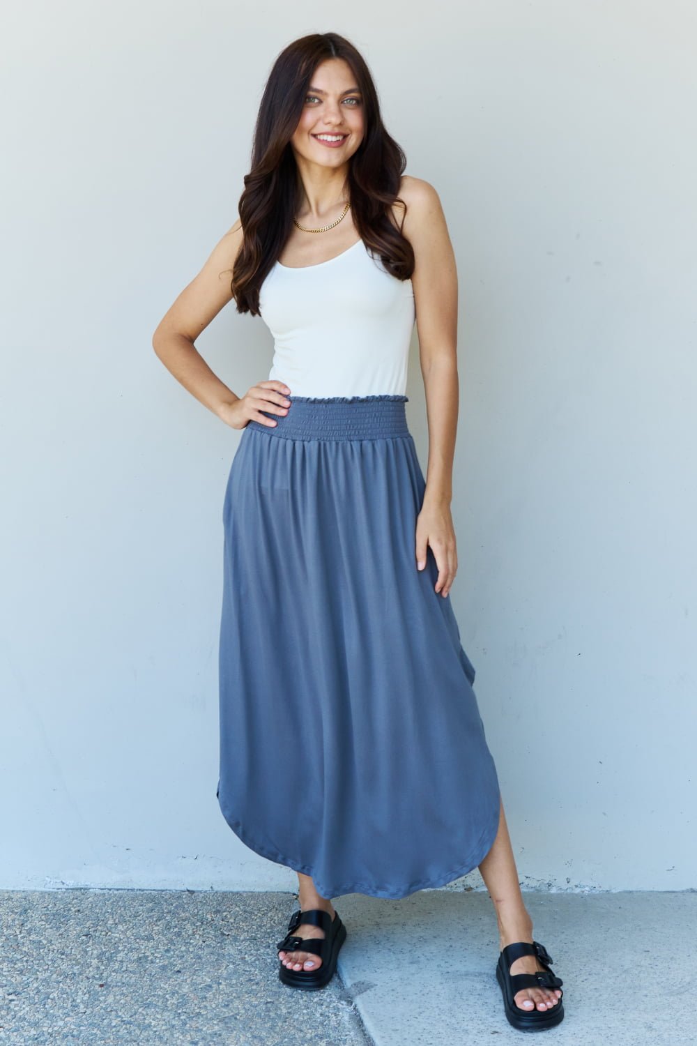 High Waist Scoop Hem Maxi Skirt in Dusty Blue - Global Village Kailua Boutique