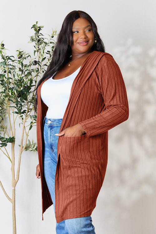 Hood Ribbed Long Cardigan - Global Village Kailua Boutique