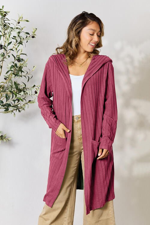 Hood Ribbed Long Cardigan - Global Village Kailua Boutique