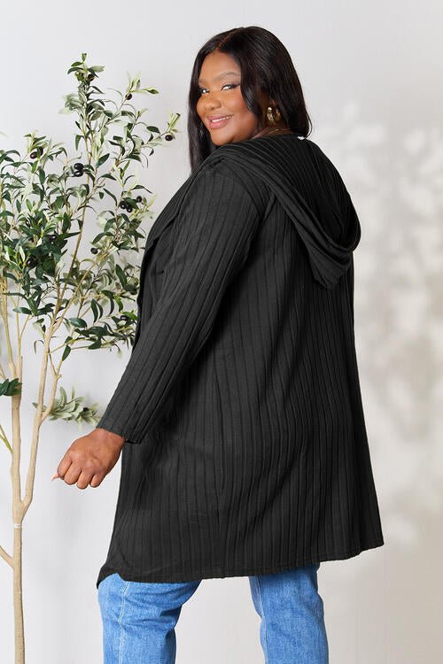 Hood Ribbed Long Cardigan - Global Village Kailua Boutique