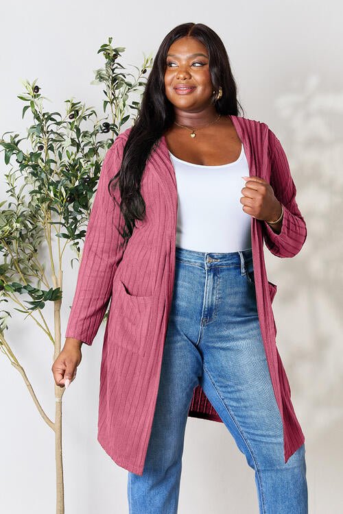 Hood Ribbed Long Cardigan - Global Village Kailua Boutique