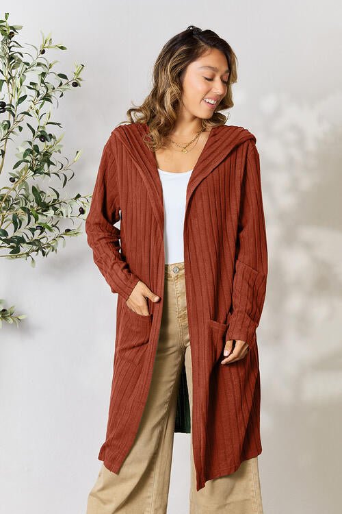 Hood Ribbed Long Cardigan - Global Village Kailua Boutique