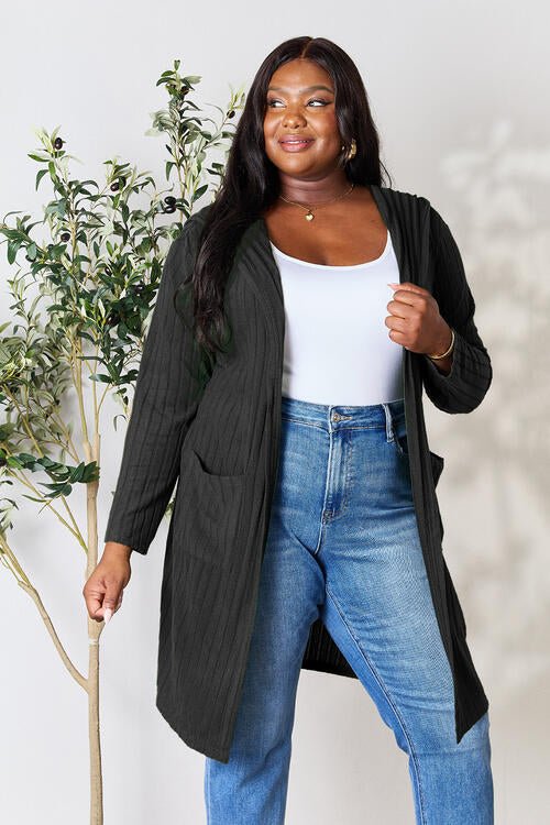 Hood Ribbed Long Cardigan - Global Village Kailua Boutique
