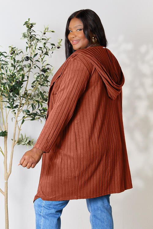 Hood Ribbed Long Cardigan - Global Village Kailua Boutique