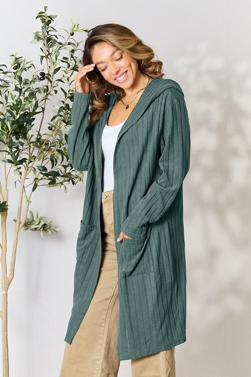 Hood Ribbed Long Cardigan - Global Village Kailua Boutique