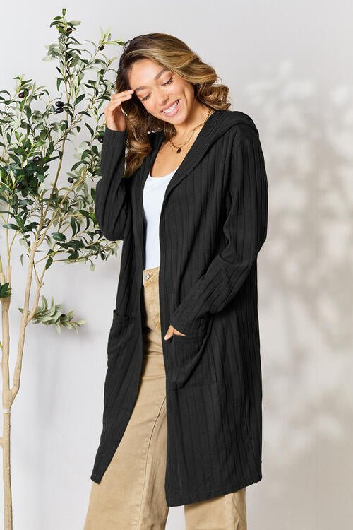 Hood Ribbed Long Cardigan - Global Village Kailua Boutique