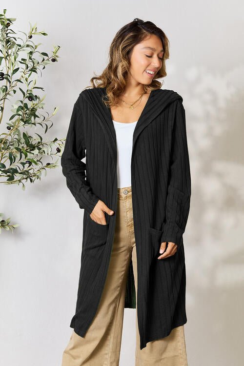 Hood Ribbed Long Cardigan - Global Village Kailua Boutique