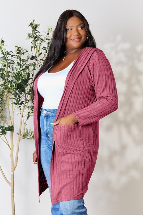 Hood Ribbed Long Cardigan - Global Village Kailua Boutique