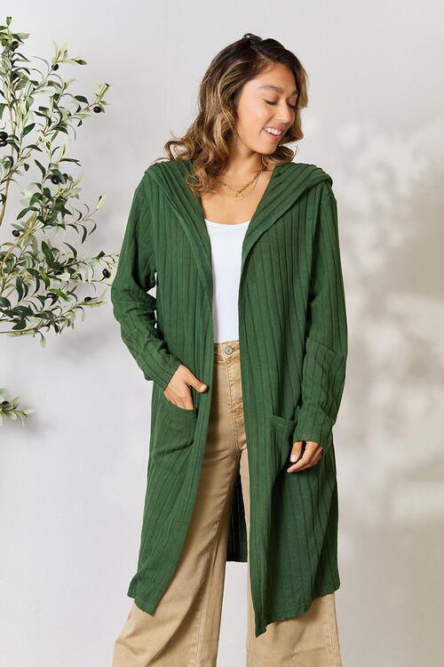 Hood Ribbed Long Cardigan - Global Village Kailua Boutique