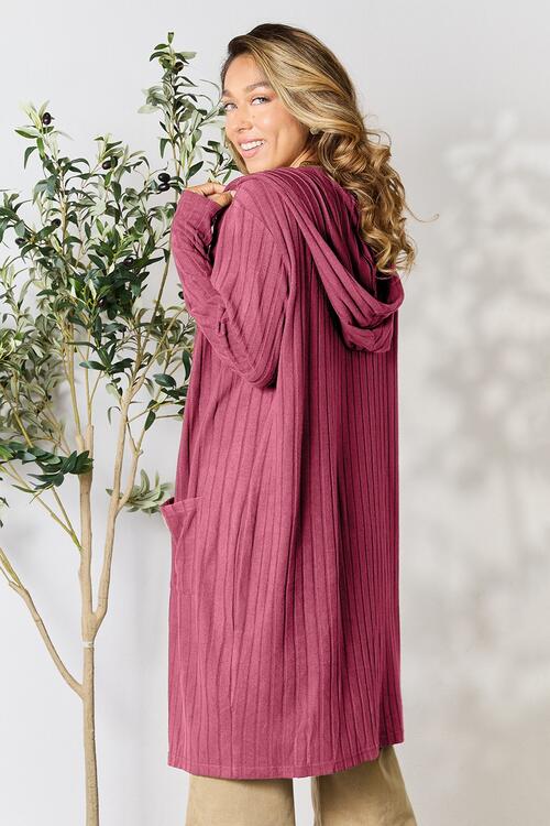 Hood Ribbed Long Cardigan - Global Village Kailua Boutique