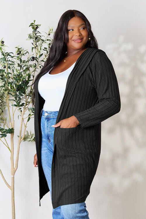 Hood Ribbed Long Cardigan - Global Village Kailua Boutique