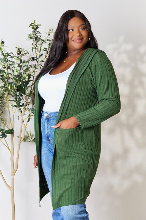 Hood Ribbed Long Cardigan - Global Village Kailua Boutique