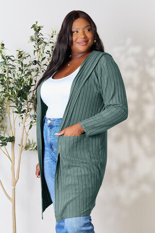 Hood Ribbed Long Cardigan - Global Village Kailua Boutique