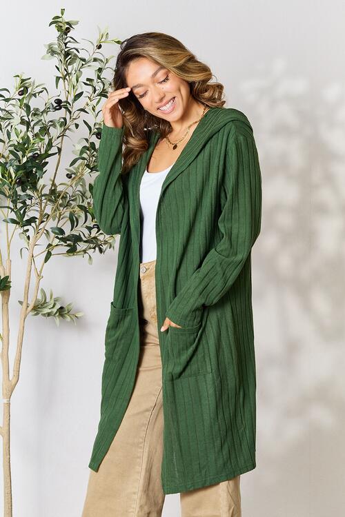 Hood Ribbed Long Cardigan - Global Village Kailua Boutique