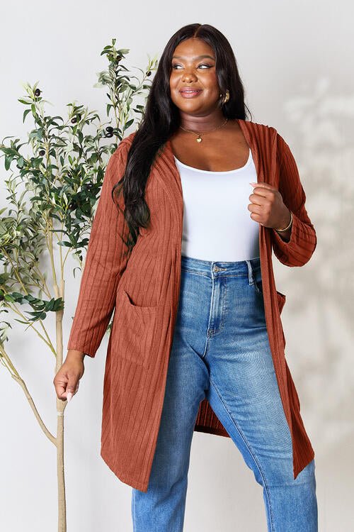 Hood Ribbed Long Cardigan - Global Village Kailua Boutique