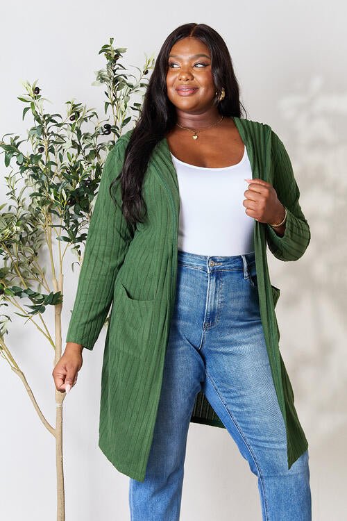 Hood Ribbed Long Cardigan - Global Village Kailua Boutique