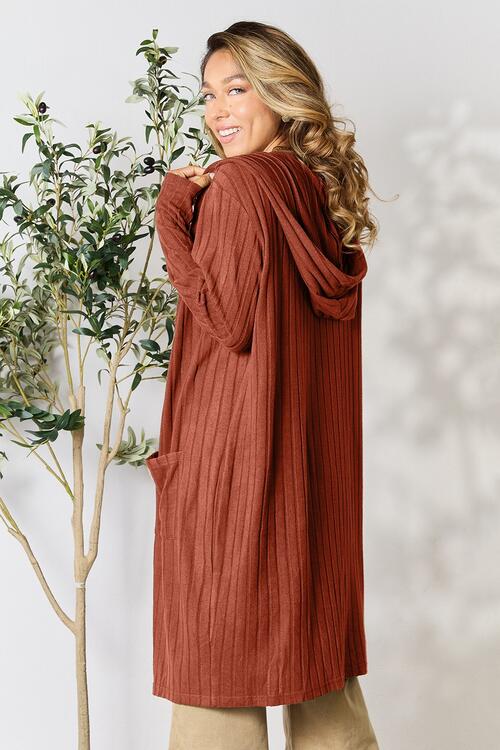 Hood Ribbed Long Cardigan - Global Village Kailua Boutique