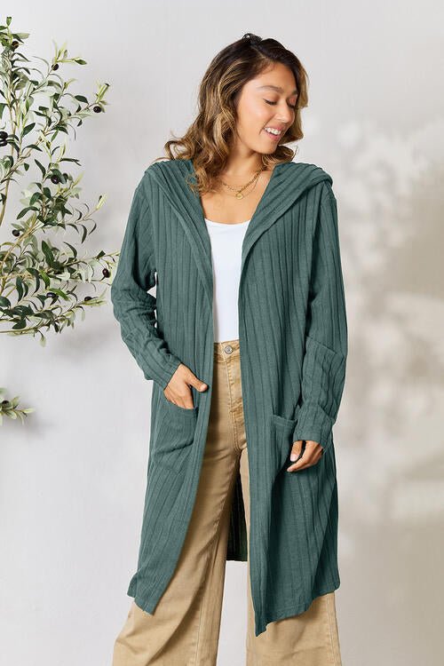 Hood Ribbed Long Cardigan - Global Village Kailua Boutique