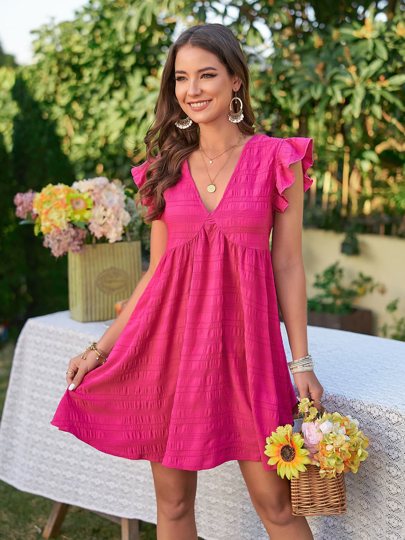 Hot Pink Textured Flutter Sleeve Dress - Global Village Kailua Boutique