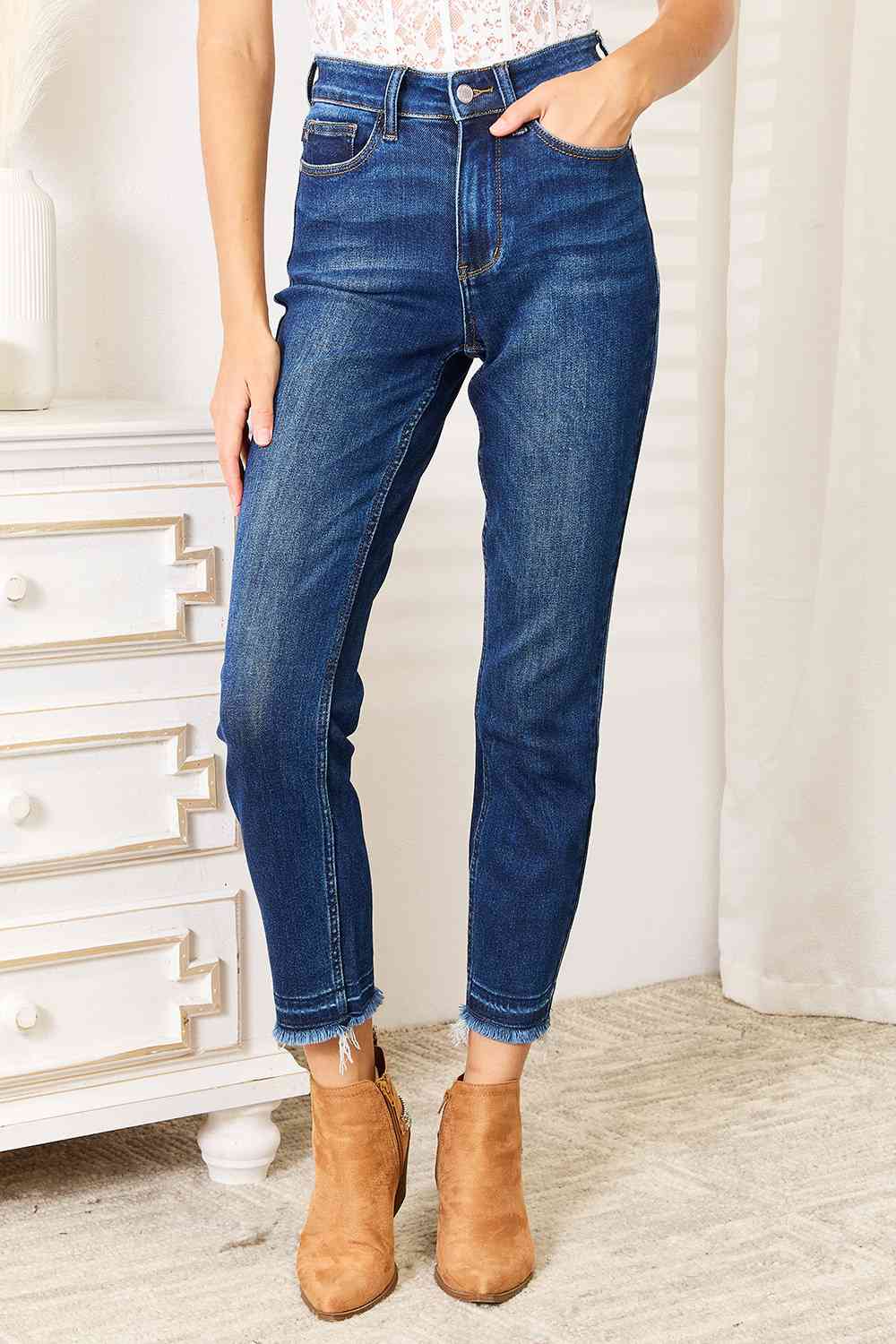 Judy Blue Raw Hem Ankle Jeans - Global Village Kailua Boutique