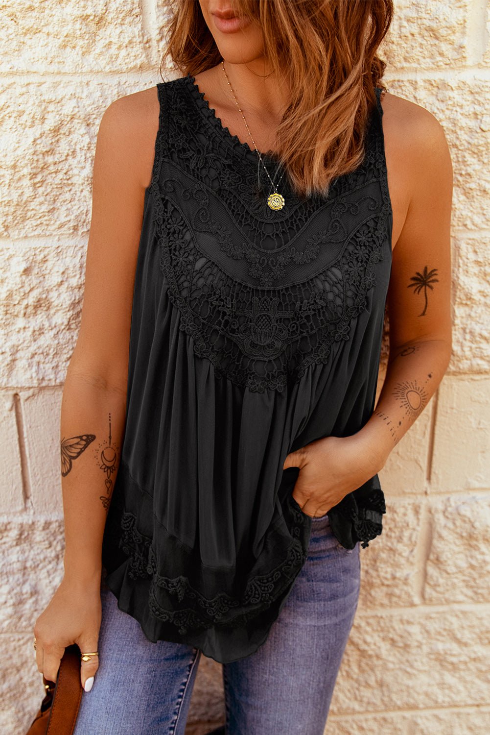 Lace Detail Button Back Sleeveless Top - Global Village Kailua Boutique