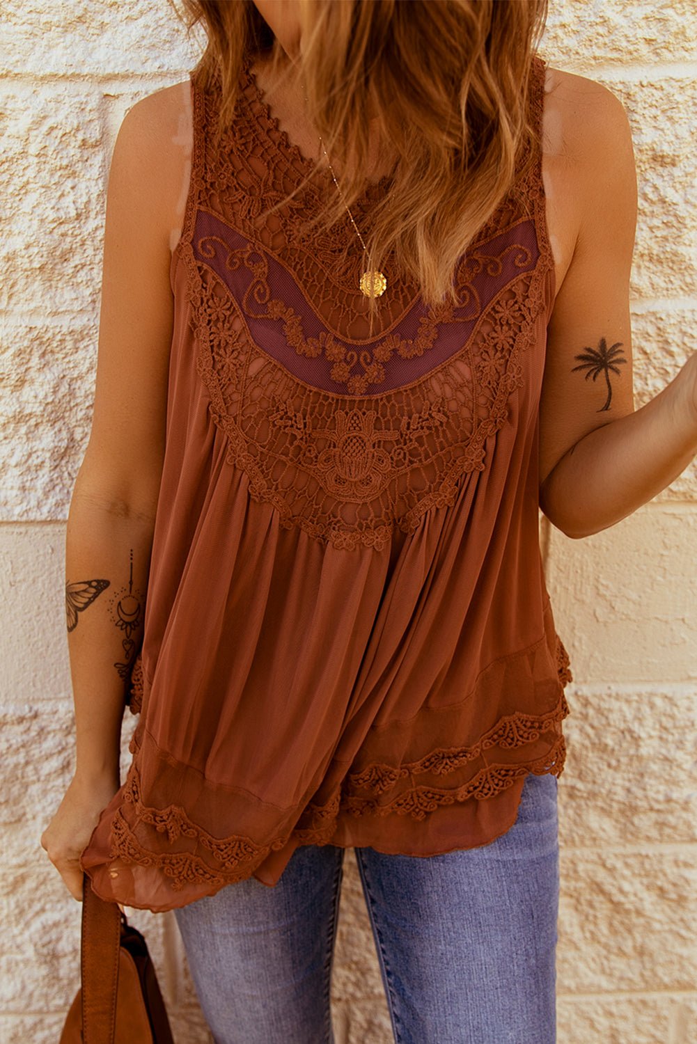 Lace Detail Button Back Sleeveless Top - Global Village Kailua Boutique