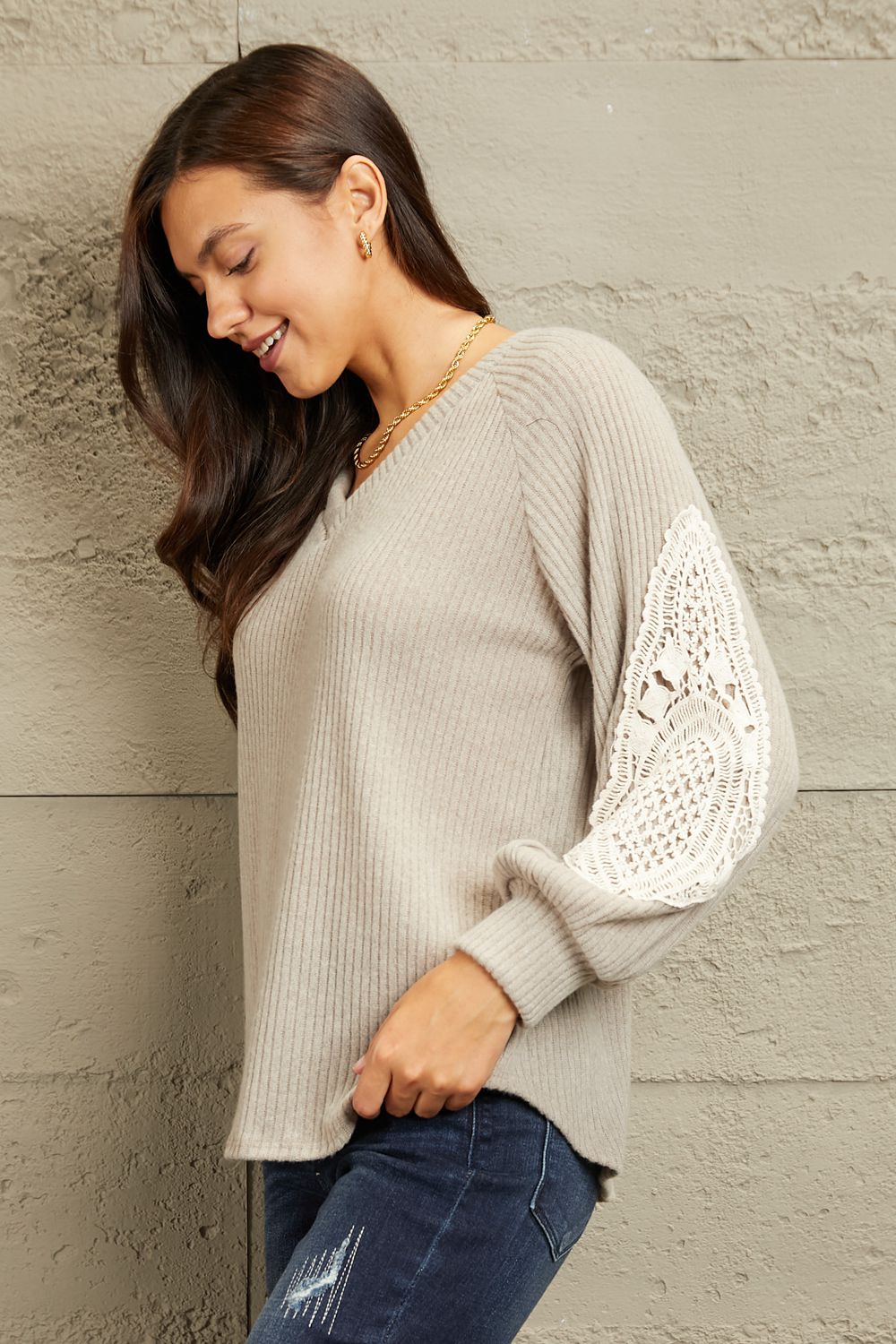 Lace Patch Detail Sweater - Global Village Kailua Boutique