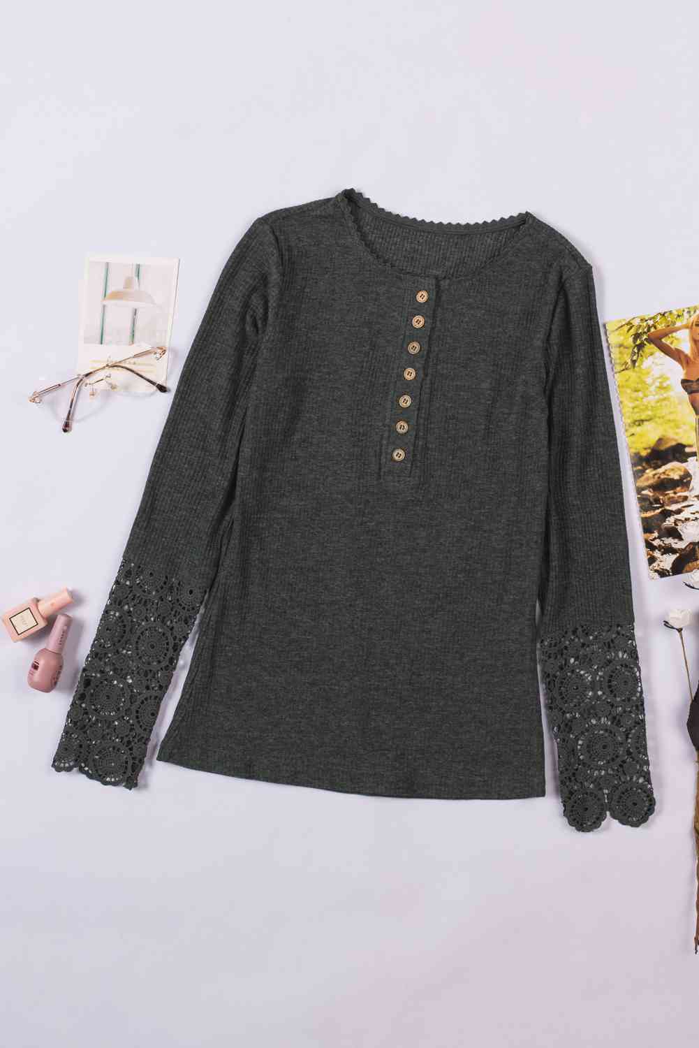 Lace Sleeve Button Front Long Sleeve Ribbed Top - Global Village Kailua Boutique