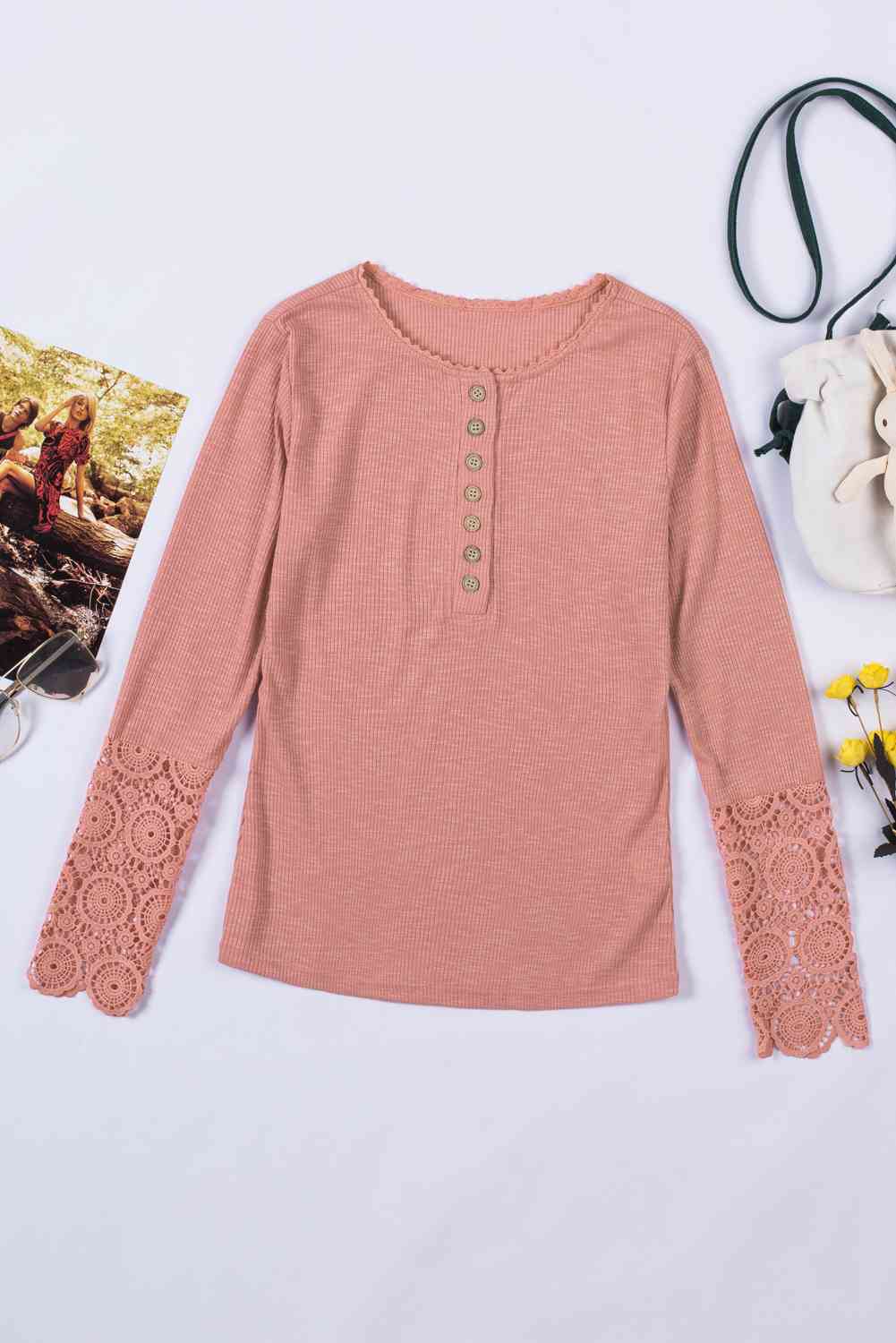 Lace Sleeve Button Front Long Sleeve Ribbed Top - Global Village Kailua Boutique