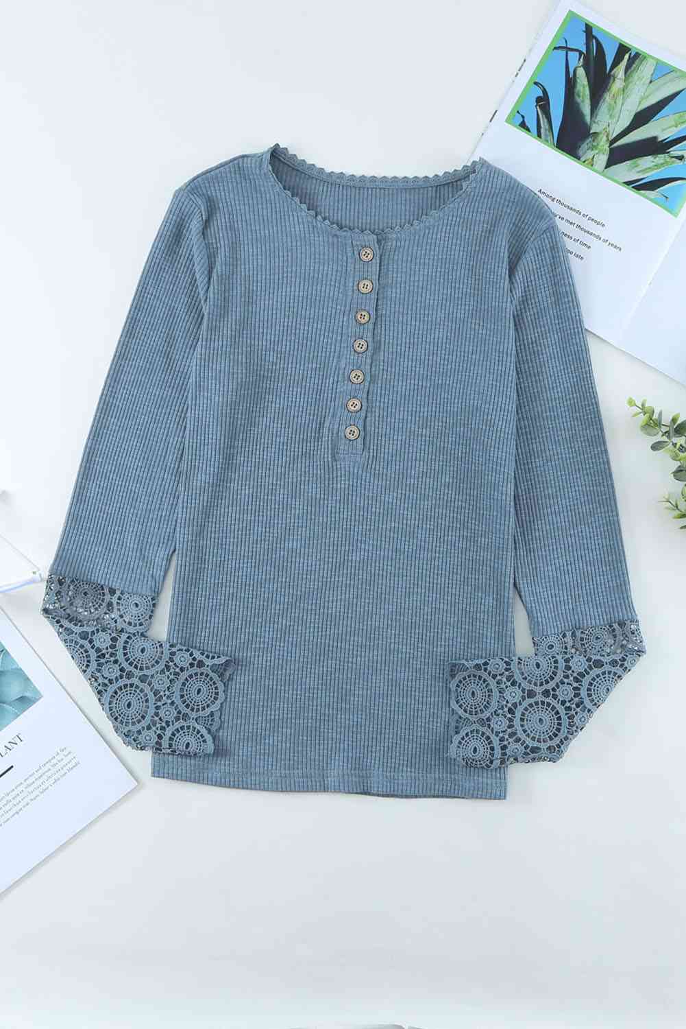 Lace Sleeve Button Front Long Sleeve Ribbed Top - Global Village Kailua Boutique