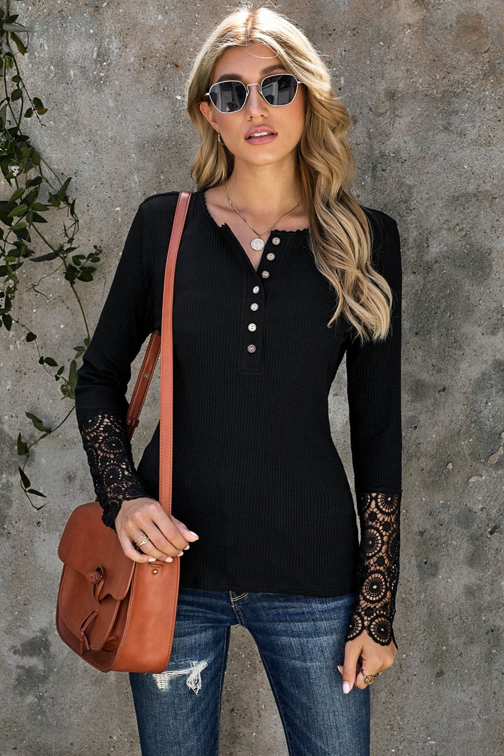 Lace Sleeve Button Front Long Sleeve Ribbed Top - Global Village Kailua Boutique