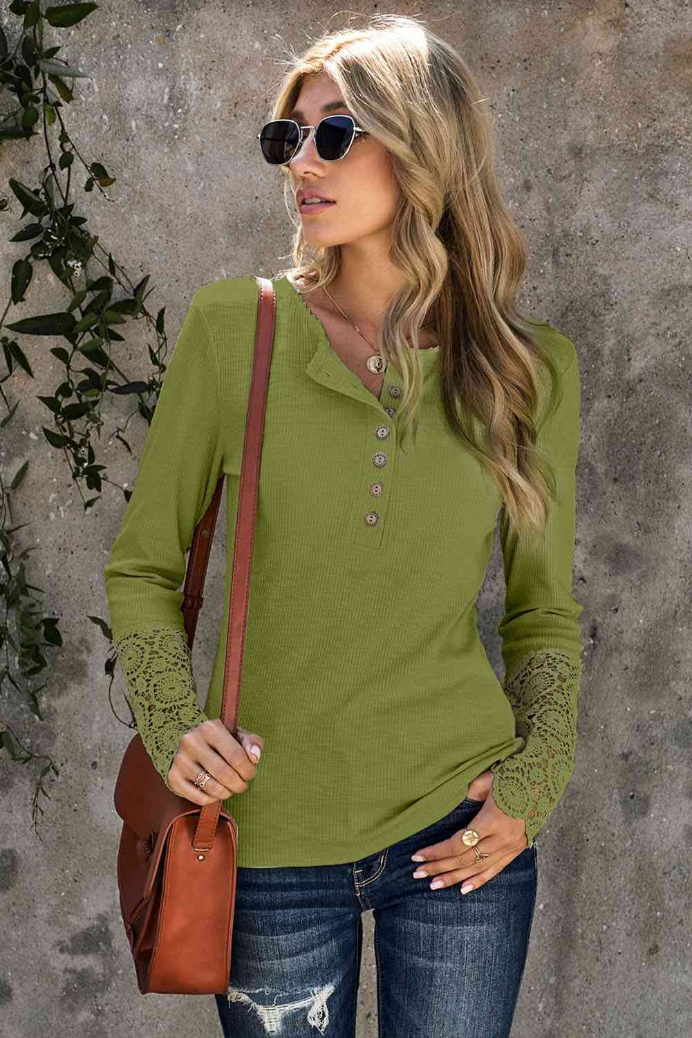 Lace Sleeve Button Front Long Sleeve Ribbed Top - Global Village Kailua Boutique
