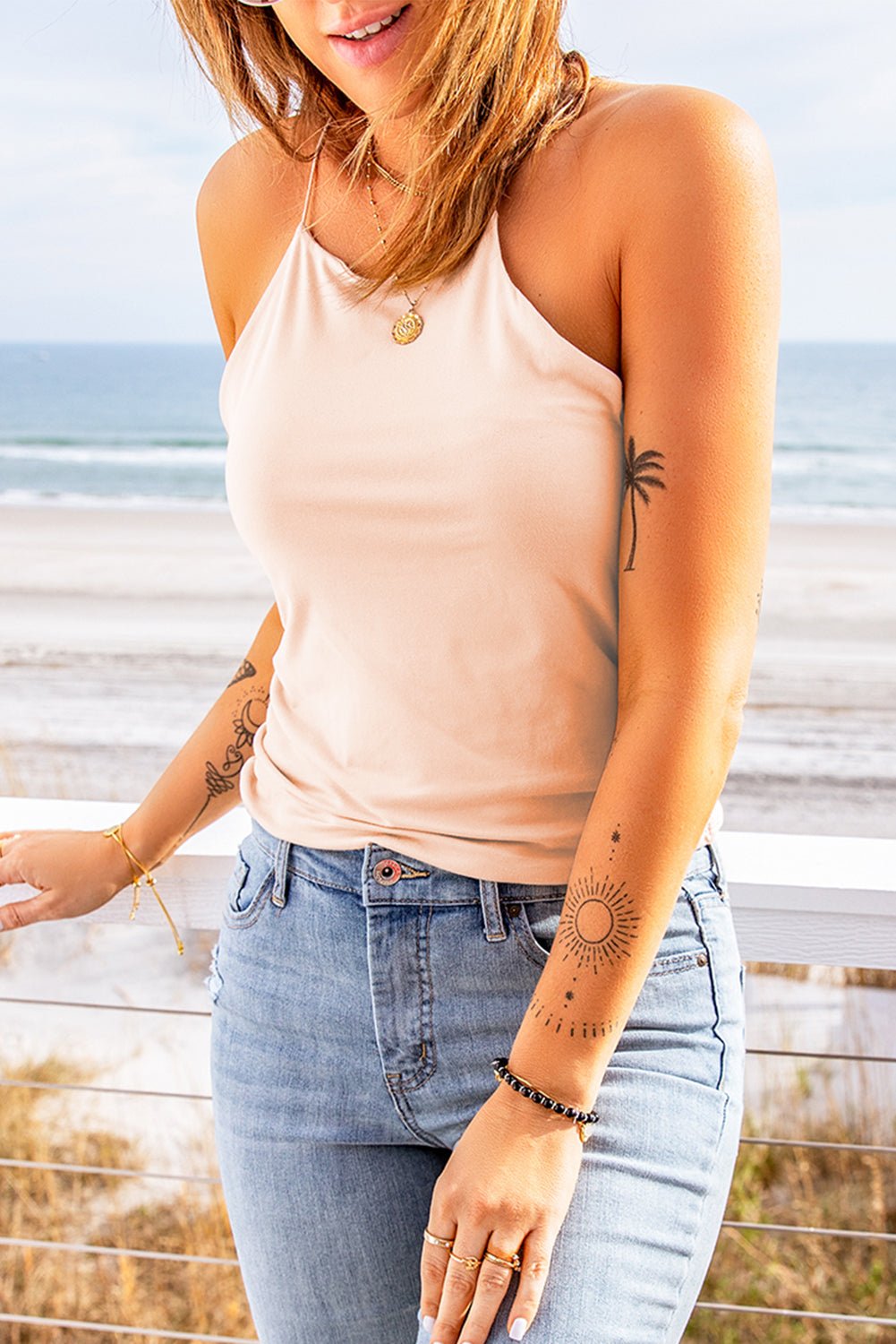 Light Peach Halter Neck Tank Top - Global Village Kailua Boutique
