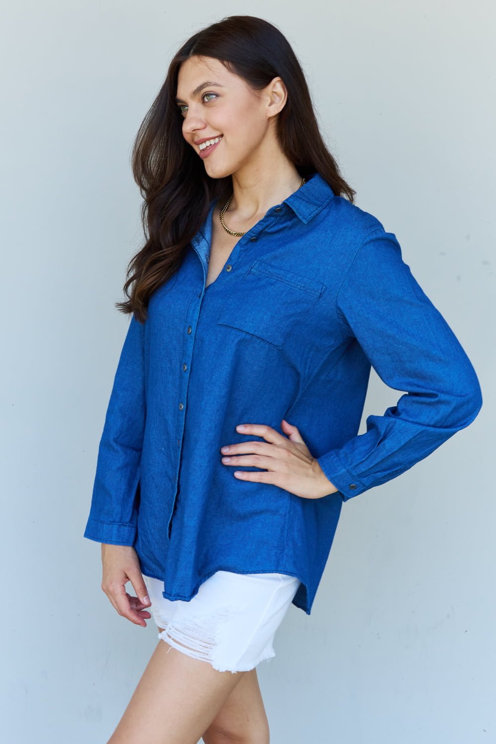 Long Sleeve Button Down Shirt Denim Chambray - Global Village Kailua Boutique