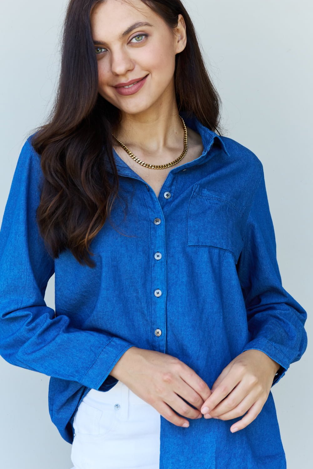 Long Sleeve Button Down Shirt Denim Chambray - Global Village Kailua Boutique