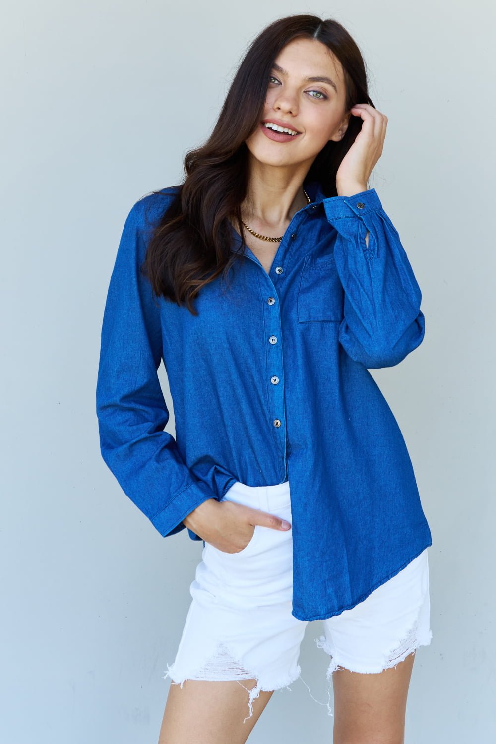 Long Sleeve Button Down Shirt Denim Chambray - Global Village Kailua Boutique