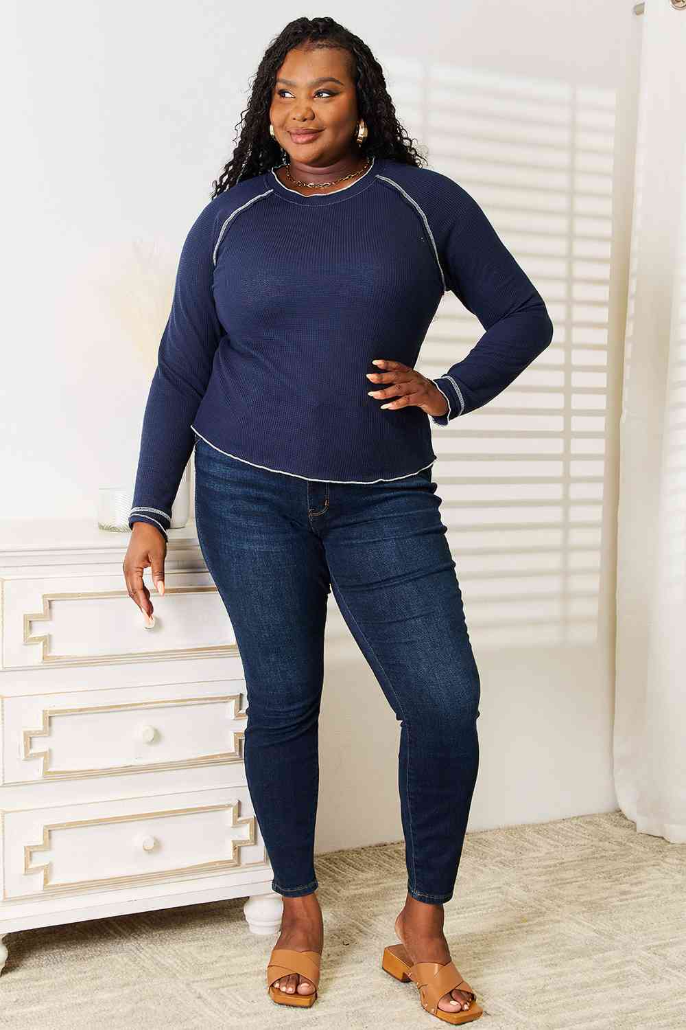 Long Sleeve Contrast Stitch Top - Global Village Kailua Boutique
