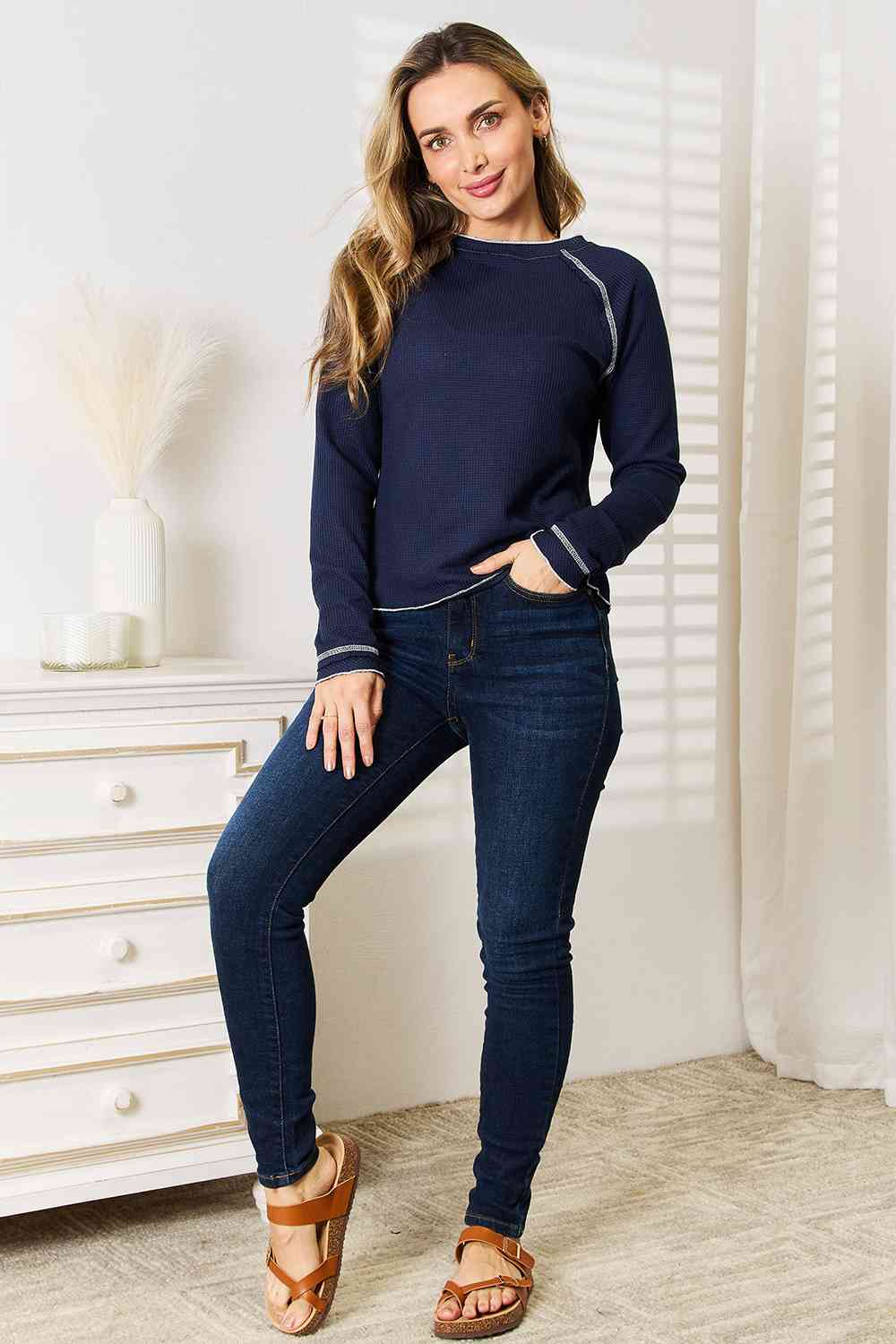Long Sleeve Contrast Stitch Top - Global Village Kailua Boutique