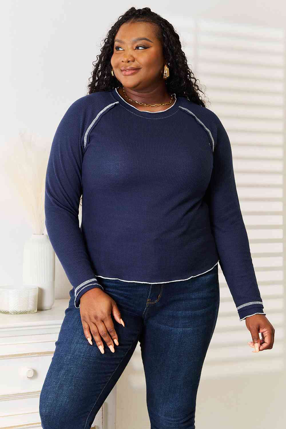 Long Sleeve Contrast Stitch Top - Global Village Kailua Boutique
