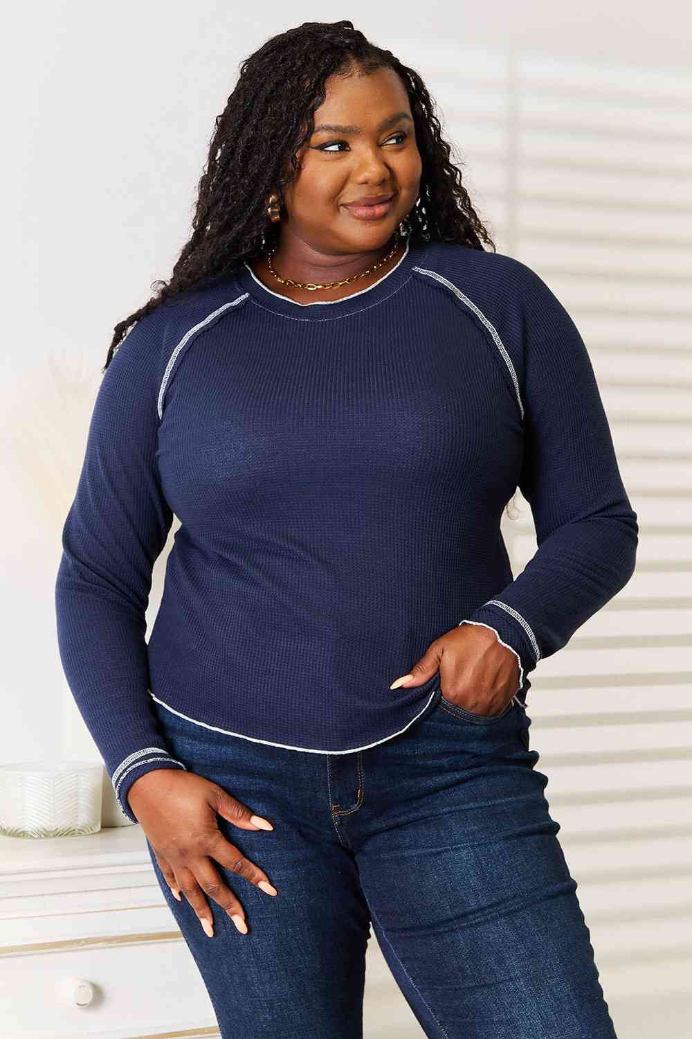 Long Sleeve Contrast Stitch Top - Global Village Kailua Boutique