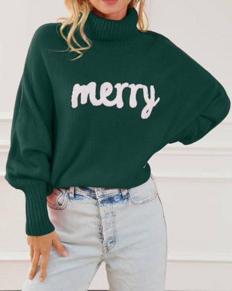 Merry Letter Embroidered High Neck Sweater - Global Village Kailua Boutique