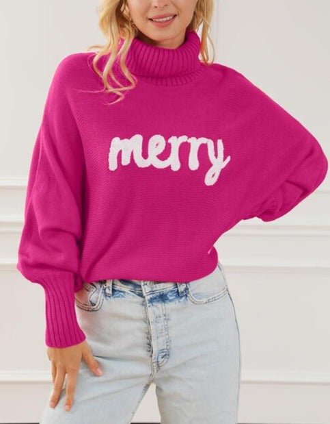 Merry Letter Embroidered High Neck Sweater - Global Village Kailua Boutique